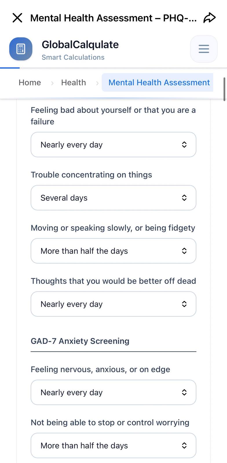 PHQ-9 depression screening questions with answer options from not at all to nearly every day