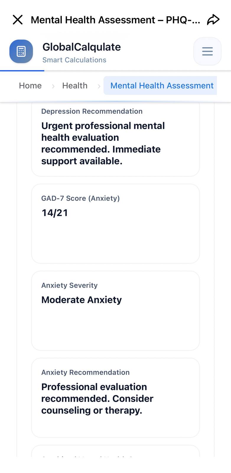 Free mental health assessment results showing a GAD-7 anxiety score and recommendations
