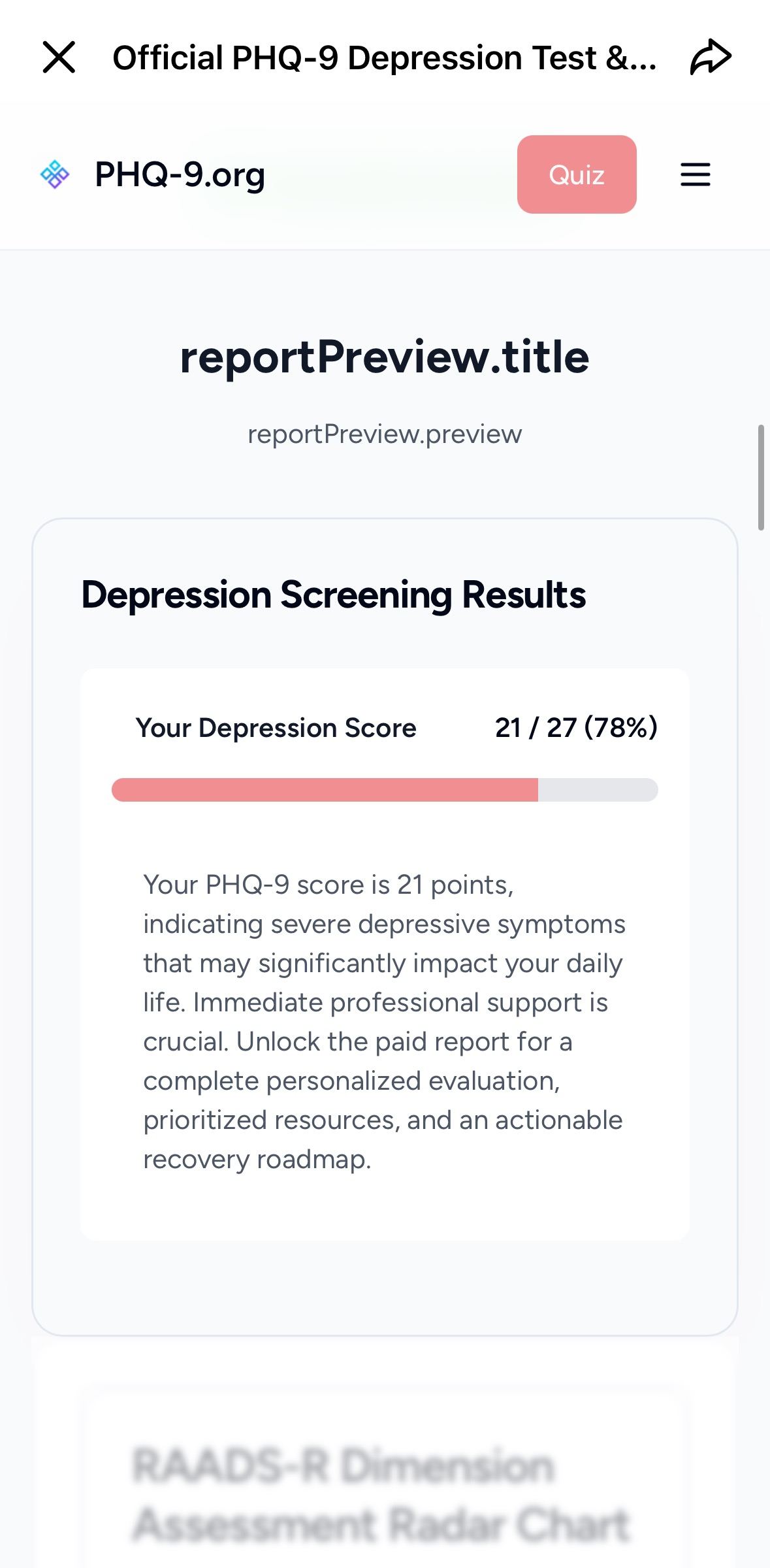 A depression test result page showing the free score below the paid report offer