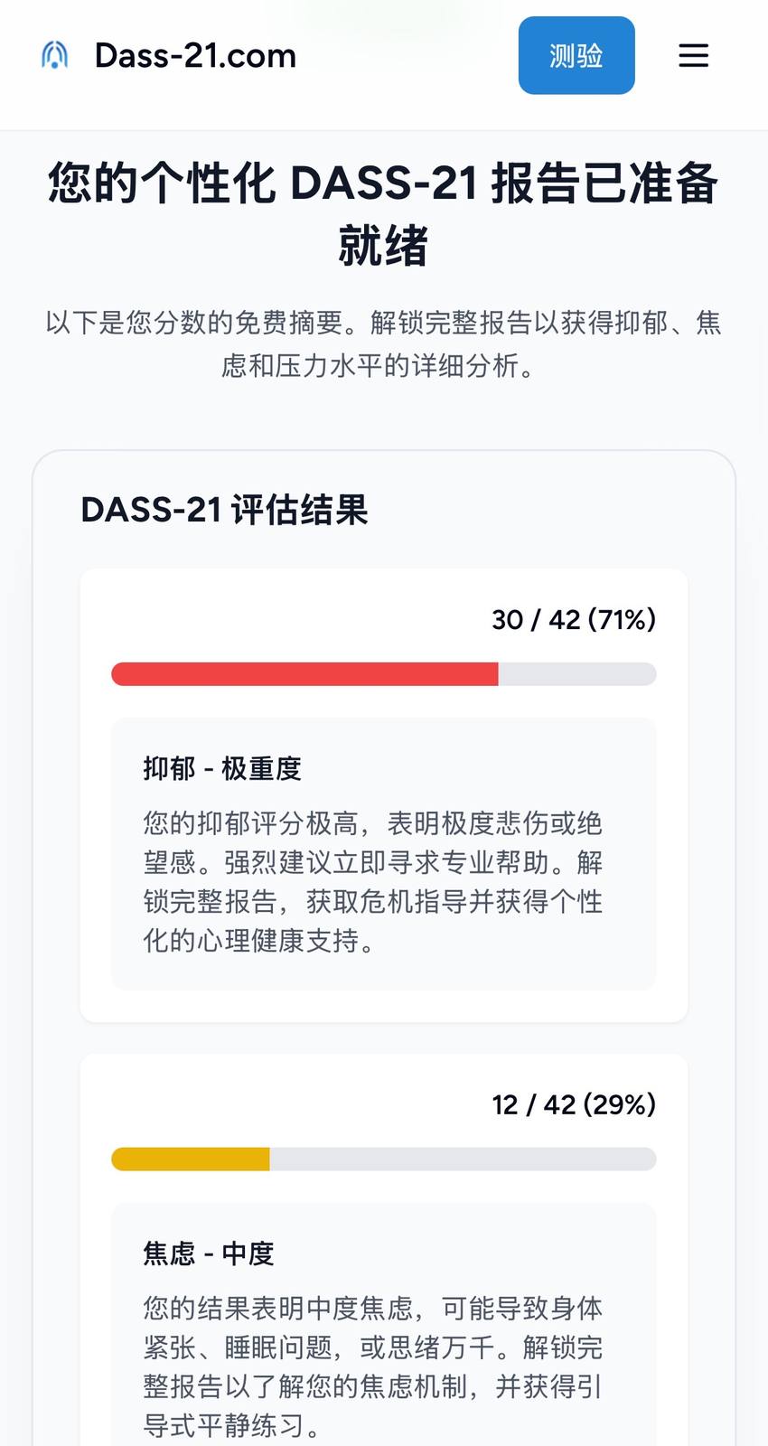DASS-21 assessment results in Chinese showing depression and anxiety severity bands