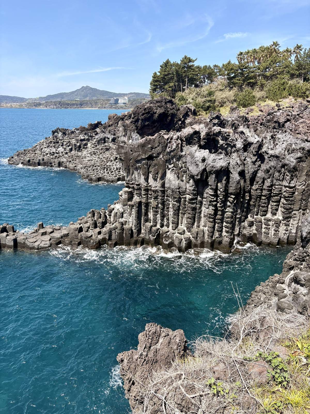 Jeju Island coastline, black volcanic rock and dramatic cliffs