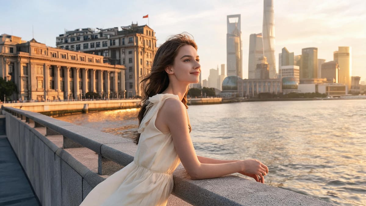 Woman in a summer dress at the Bund waterfront looking across the river at the Shanghai skyline