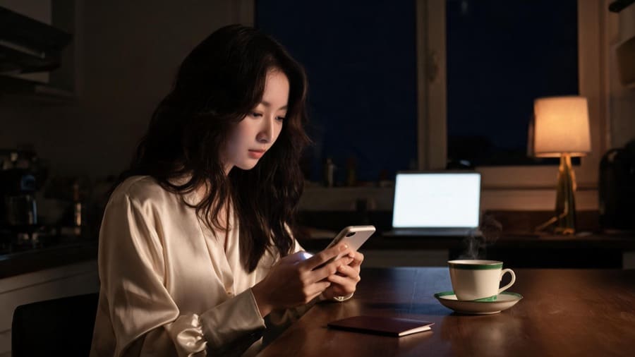 늦은 밤 식탁 위 여권 옆에서 휴대폰으로 티켓을 예매하는 손