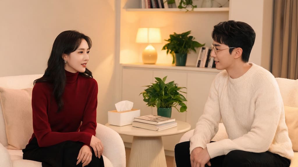 A counselor and a client in conversation during a one-on-one therapy session in a warm consultation room