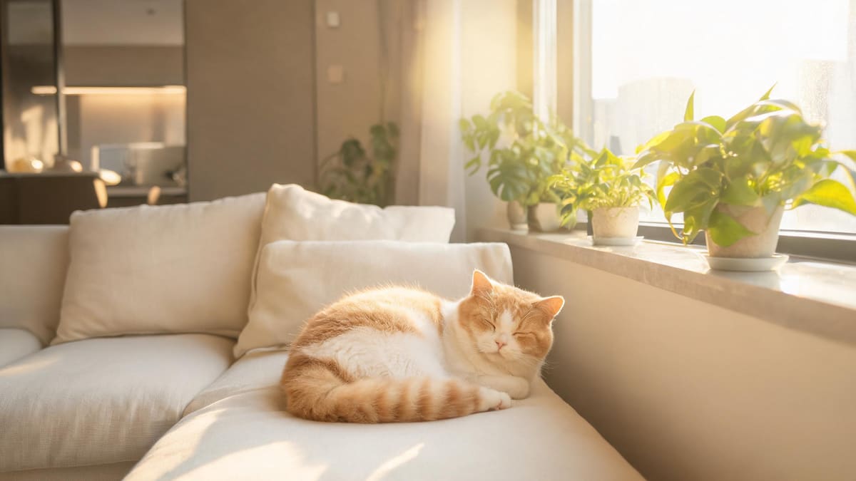 A contented adopted ginger cat asleep on a sofa by a sunny window in a bright Shanghai apartment