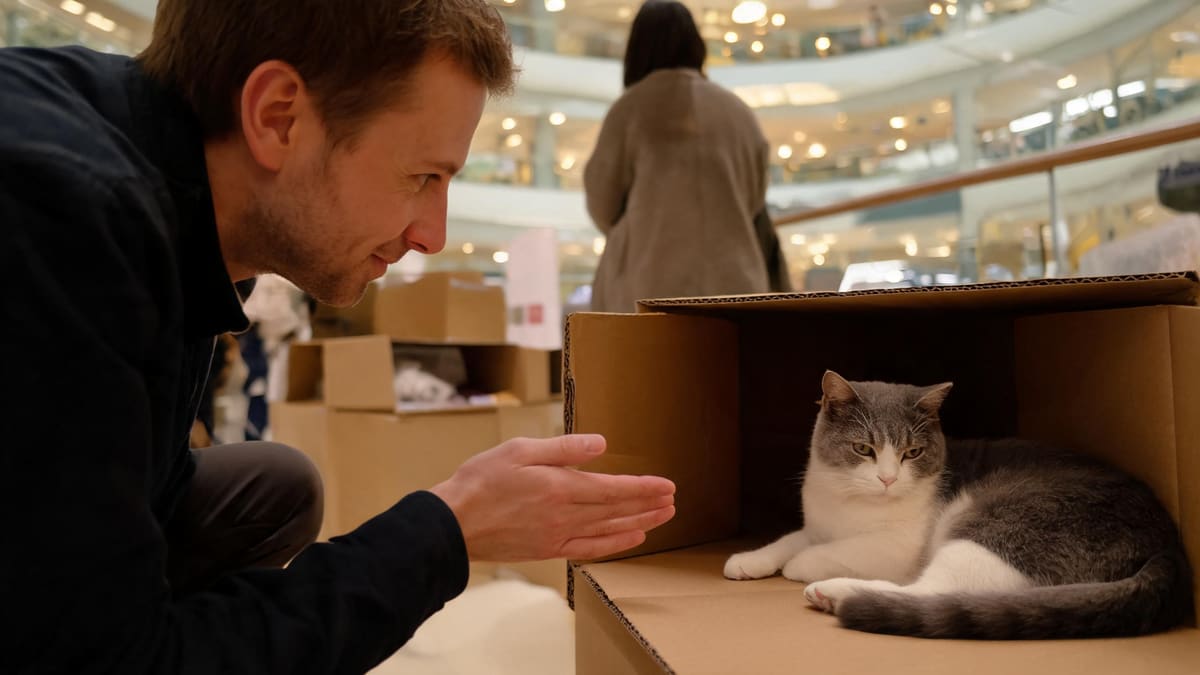 A man meeting a calm grey-and-white rescue cat at an indoor Shanghai adoption day event in a mall