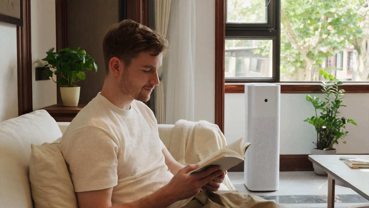 A man reading on a sofa with a white air purifier running in a bright Shanghai living room