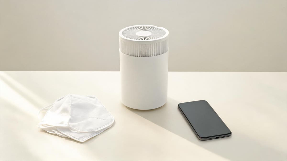 A folded KN95 mask beside an air-purifier filter and a phone on a pale table