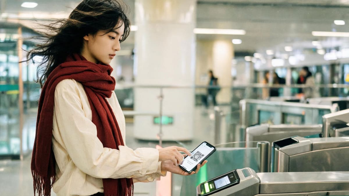 상하이 지하철 개찰구에서 휴대폰 QR 코드를 스캔하는 여행자