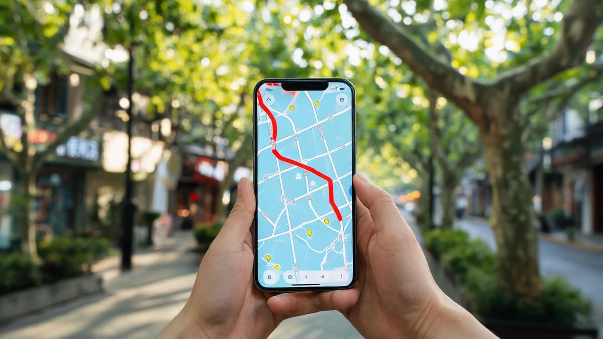 Hands holding a phone showing an Amap route on a sunlit plane-tree lined Shanghai street