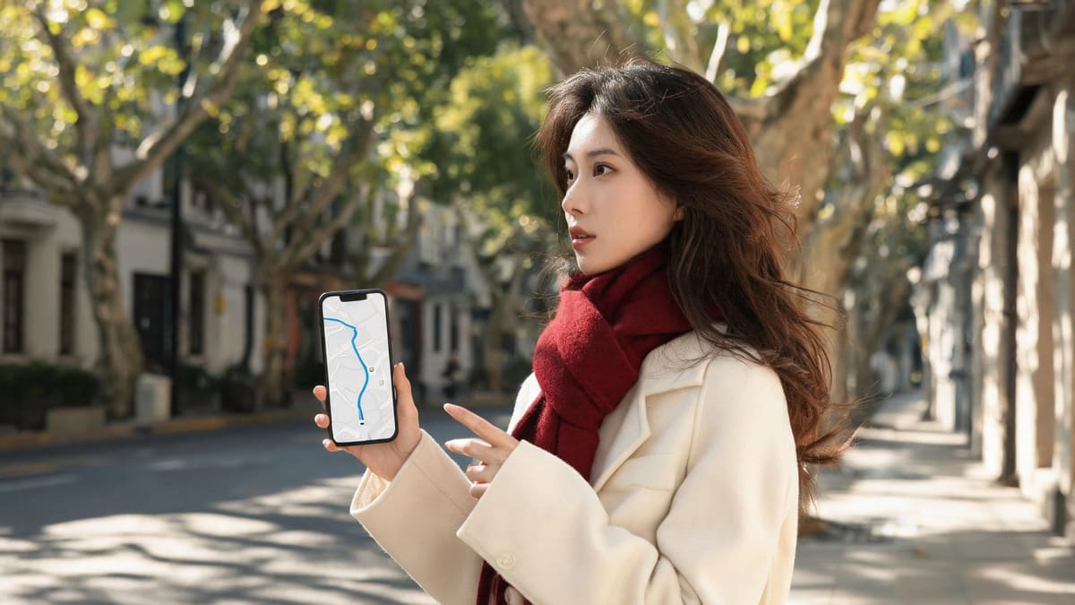 상하이 길거리에서 내비게이션 앱을 켠 휴대폰을 들고 있는 손