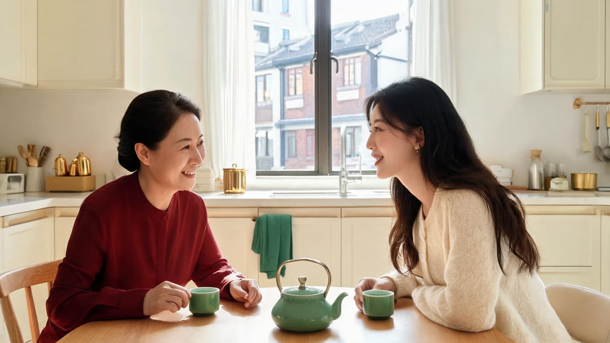 上海の自宅のダイニングテーブルで、お茶を飲みながらアイさんと面談する住人