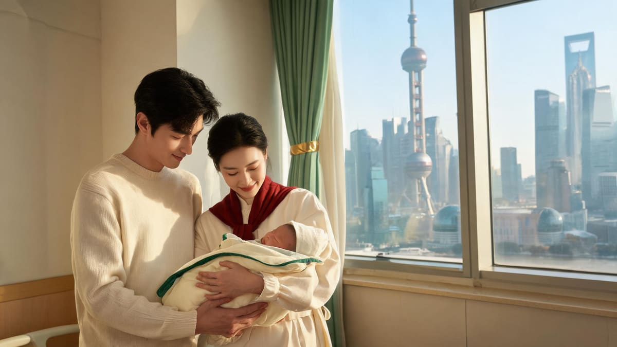 New parents cradling a newborn beside a sunlit hospital window overlooking Shanghai
