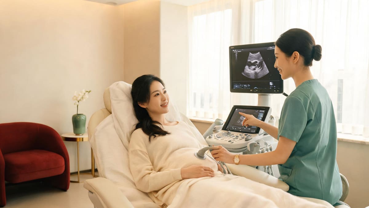 Expectant mother having a calm prenatal ultrasound check in a modern clinic