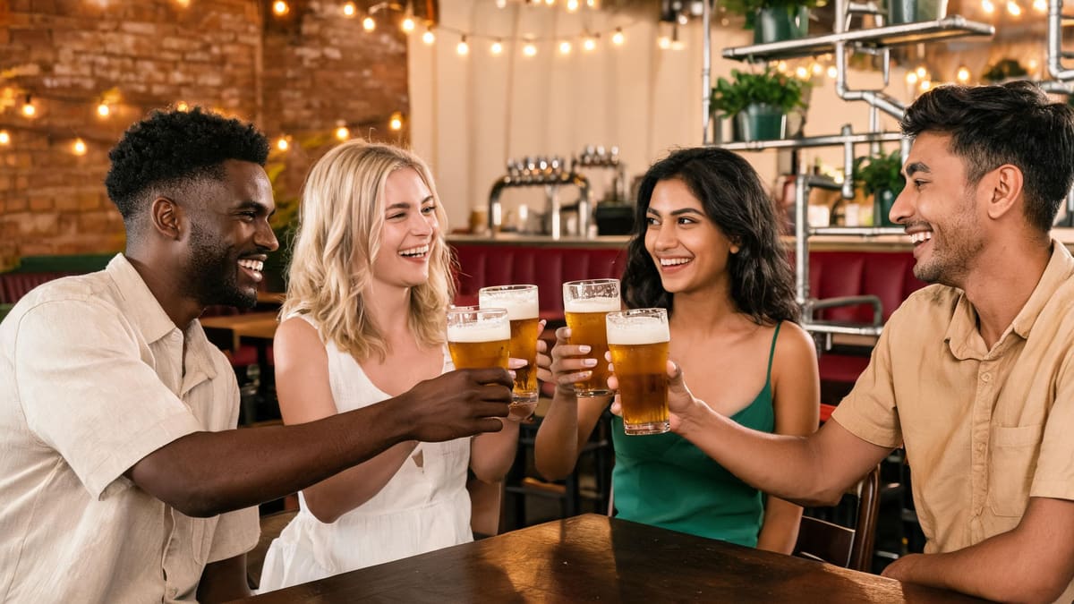 Four friends in summer clothes clinking full glasses of craft beer across a warm taproom table in Shanghai