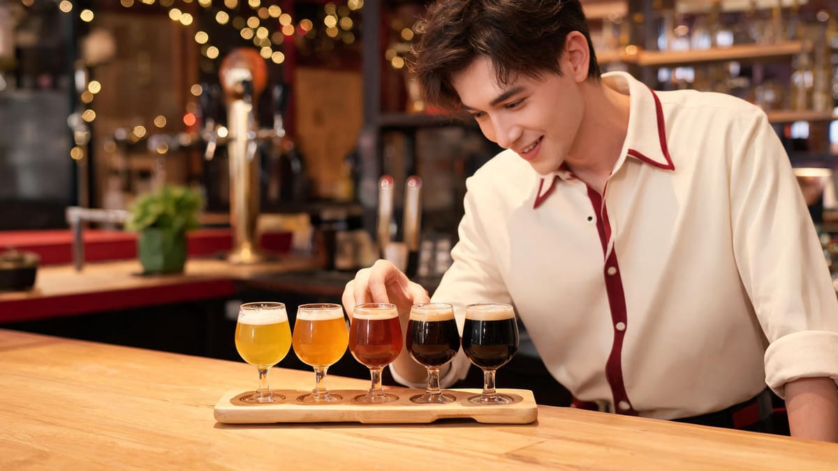 A wooden tasting paddle holding five small glasses of craft beer from pale gold to dark stout on a Shanghai bar counter