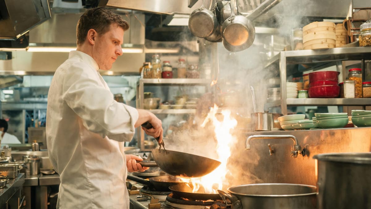 Chef tossing a flaming wok in a busy Shanghai restaurant kitchen