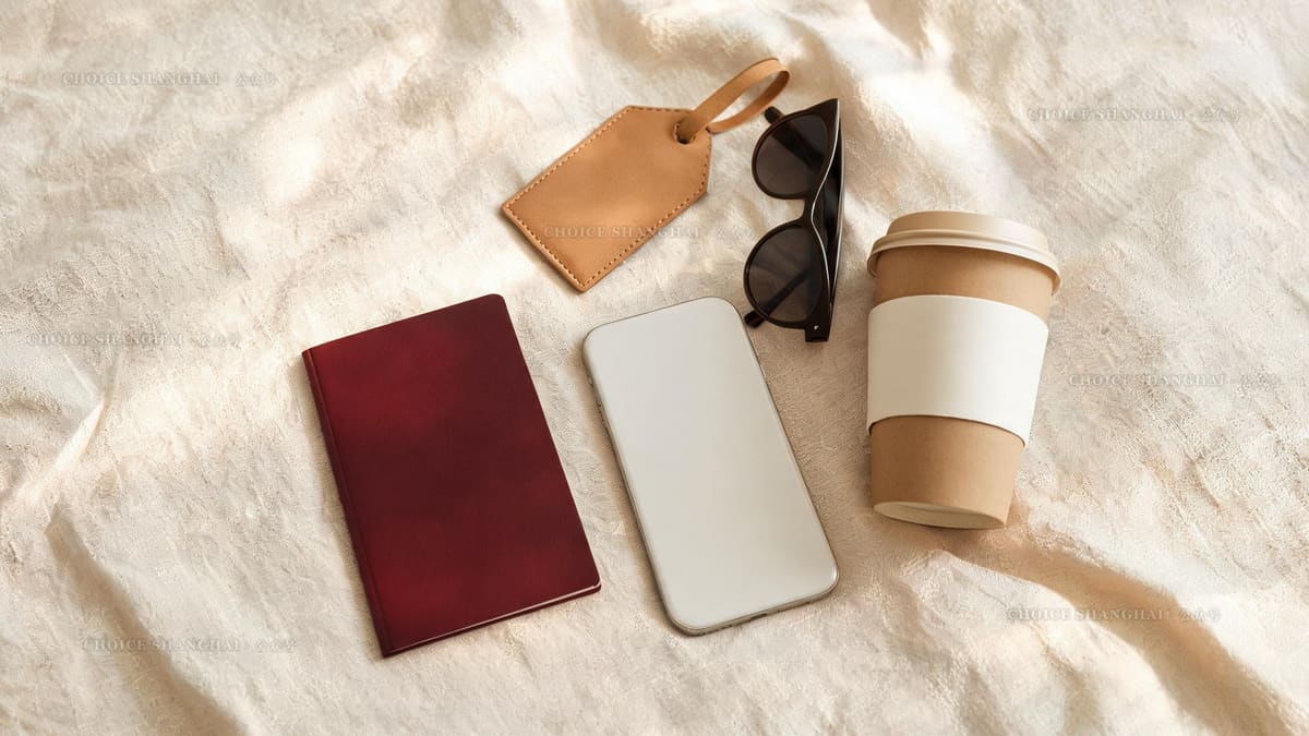 Flat lay of a burgundy passport, phone, leather luggage tag, sunglasses and a coffee cup on cream linen before a trip