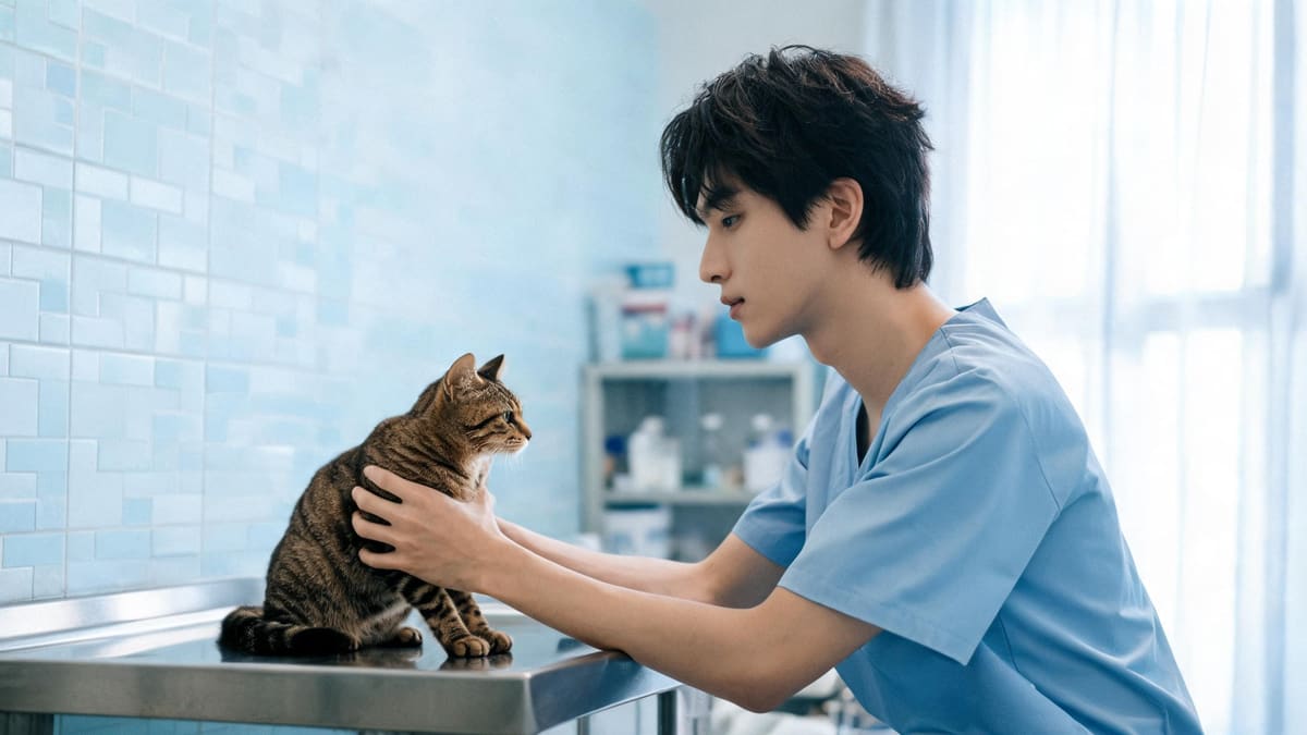 明るい上海の動物病院の診察室で、おとなしいキジトラ猫を診察する獣医
