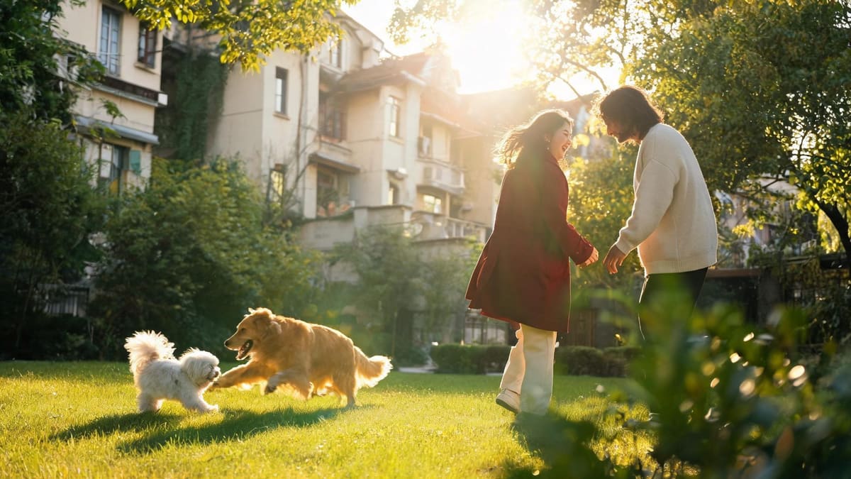 夕暮れの上海の住宅団地の中庭で、芝生の上で遊ぶ2匹の犬