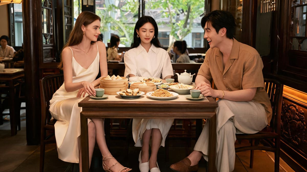 Friends sharing a generous, inexpensive local meal at a Shanghai restaurant, the rich social life that costs little