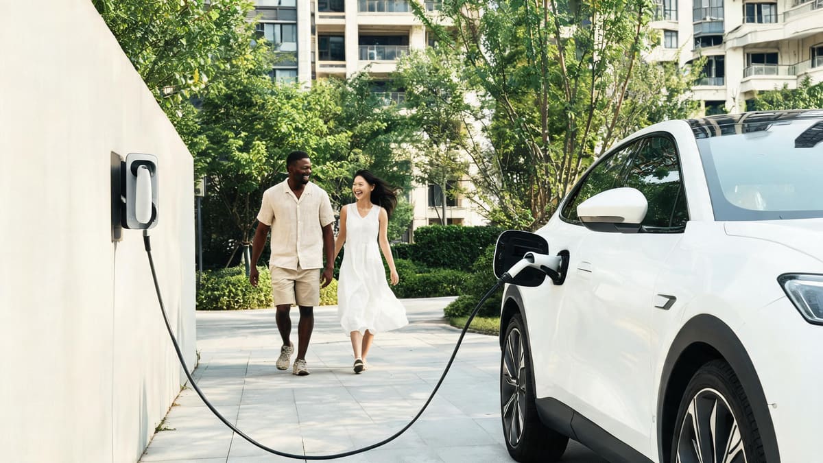 A modern electric car charging in a tree-lined Shanghai residential lot, the free green-plate route