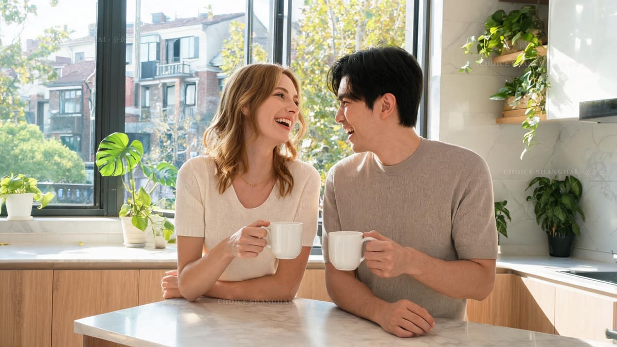 A mixed couple at home in a Shanghai apartment, the marriage route to permanent residence