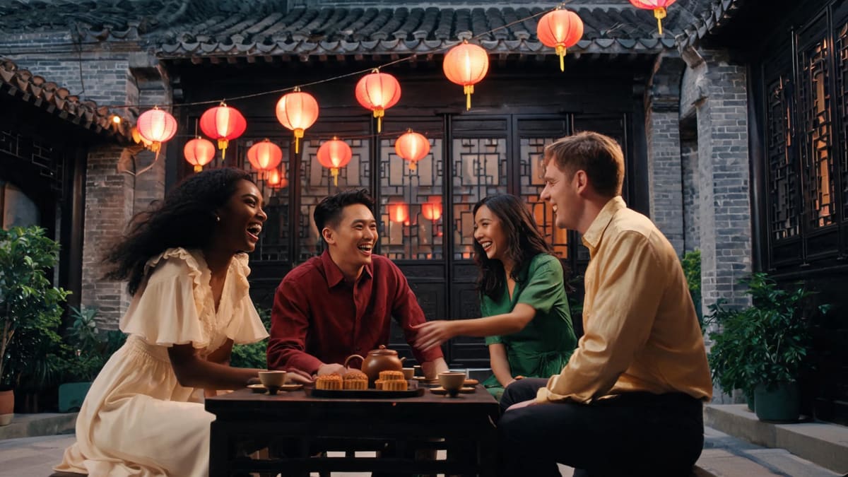 Friends sharing mooncakes and tea under lanterns in a Shanghai courtyard at Mid-Autumn