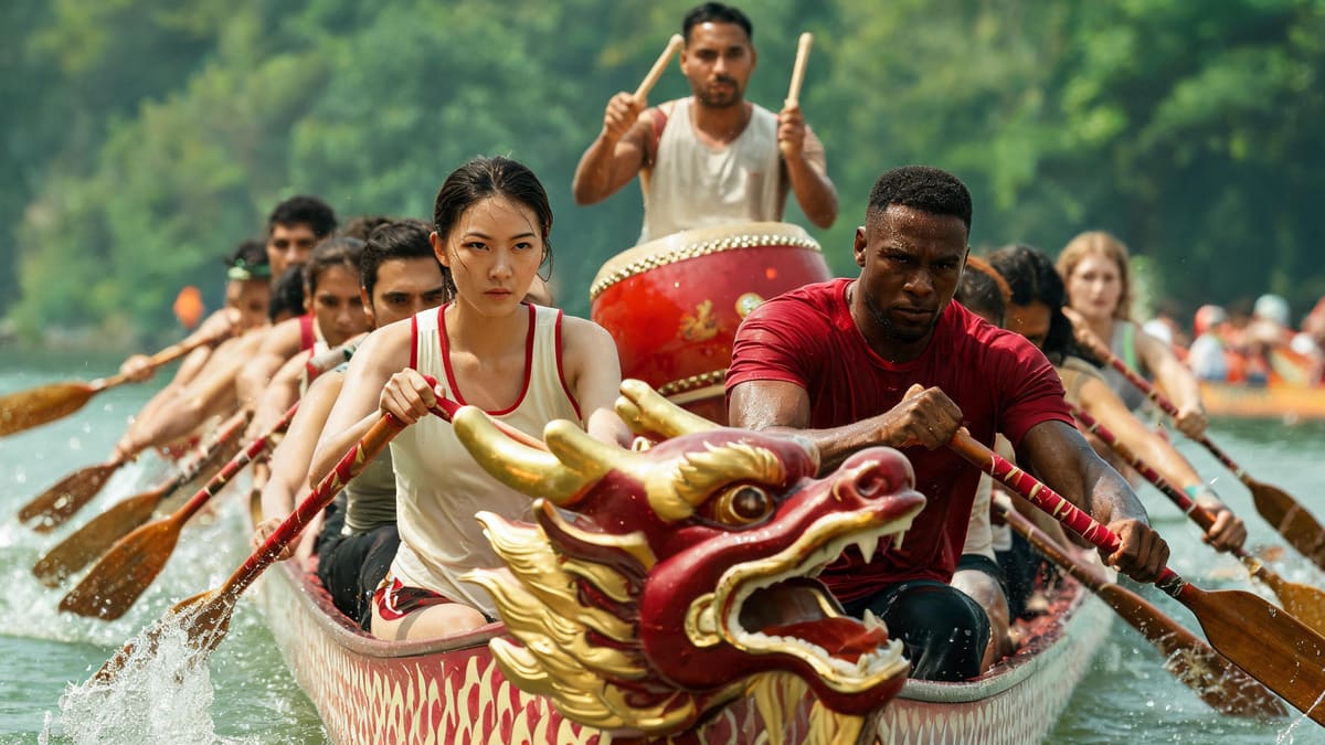A dragon boat race with a team paddling in unison to a drum