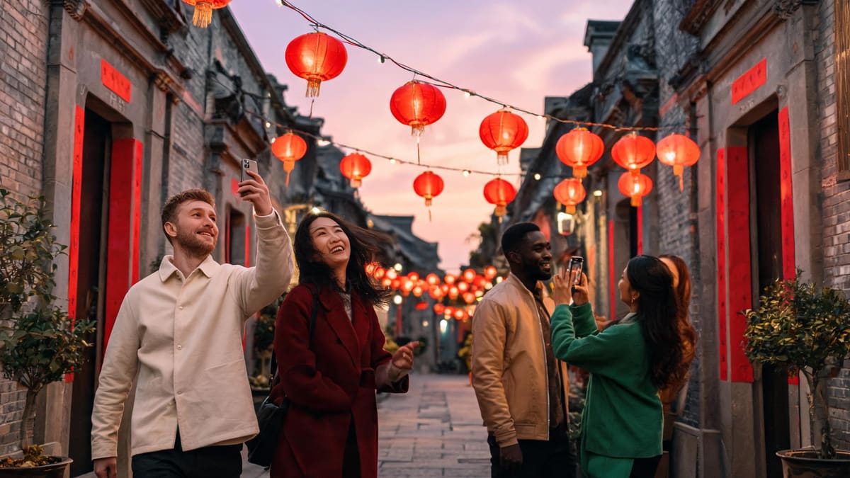 A Shanghai lane strung with red lanterns for Spring Festival at dusk