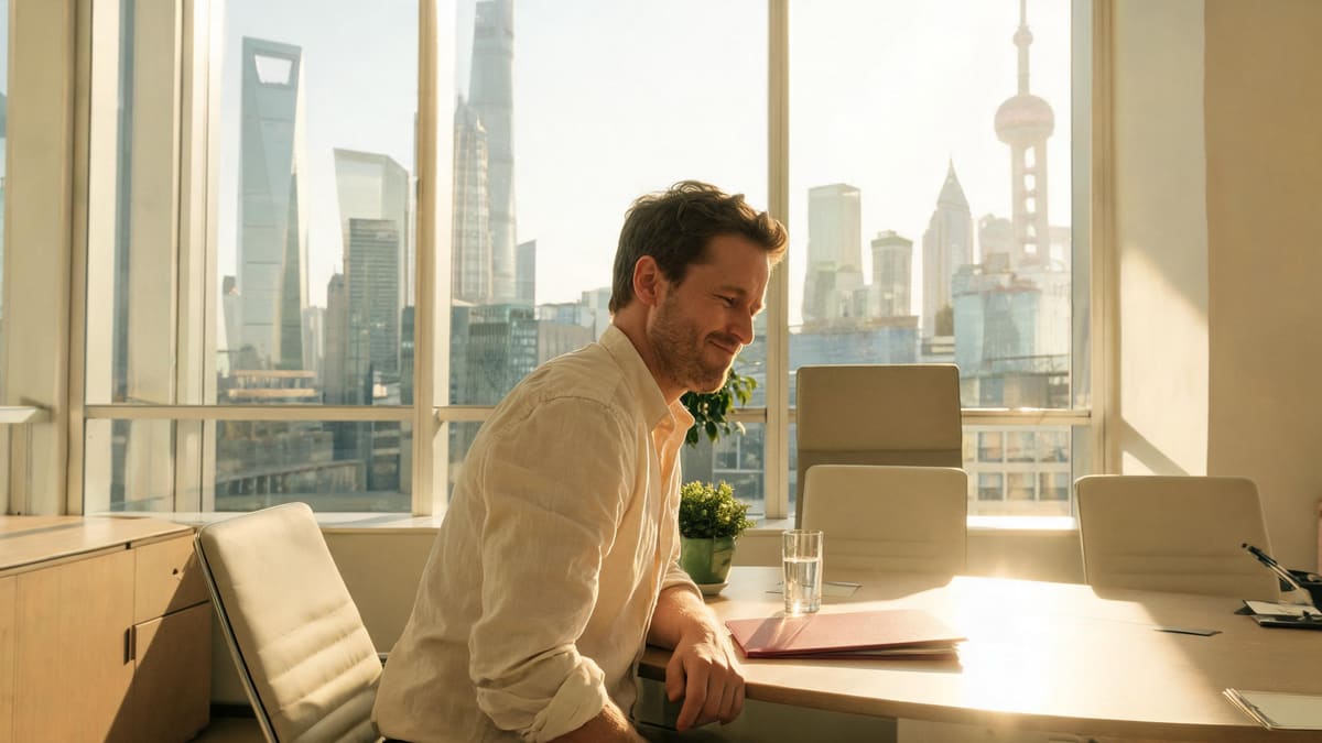 Working alone in a quiet Shanghai office on a make-up workday Sunday