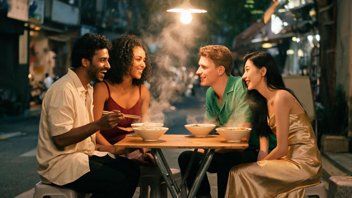 Friends sharing bowls of noodles at a Shanghai street counter on a summer evening