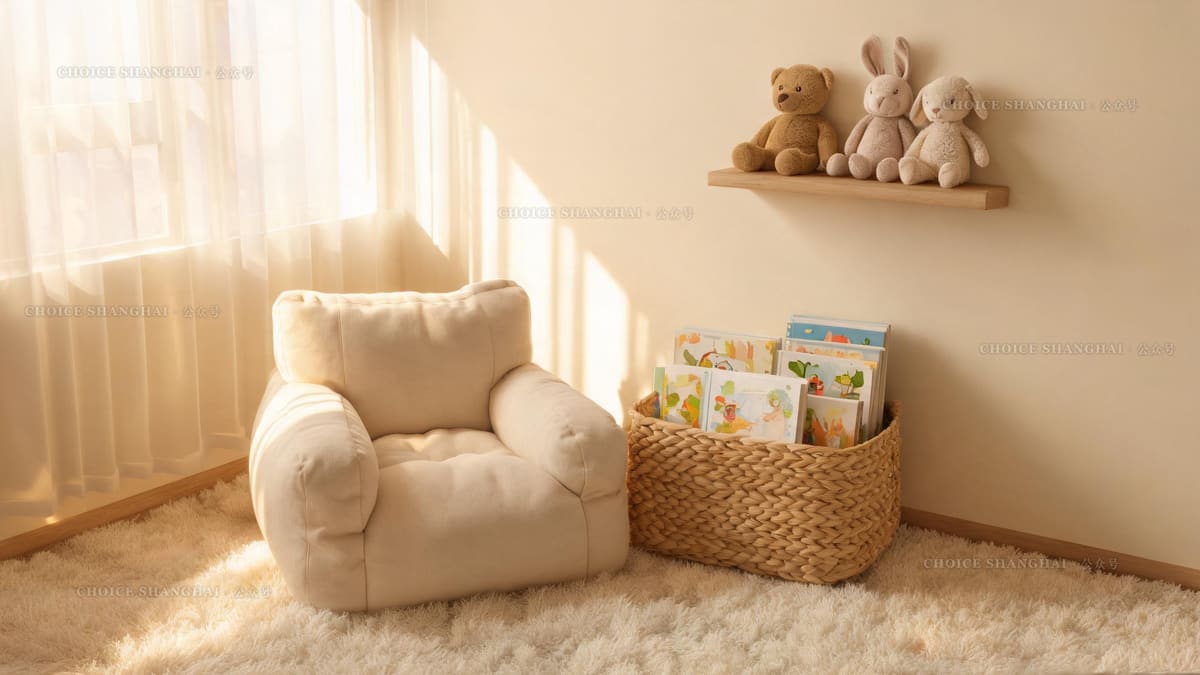 A cozy nursery reading corner in Shanghai with a small armchair, a basket of picture books and plush toys in afternoon light