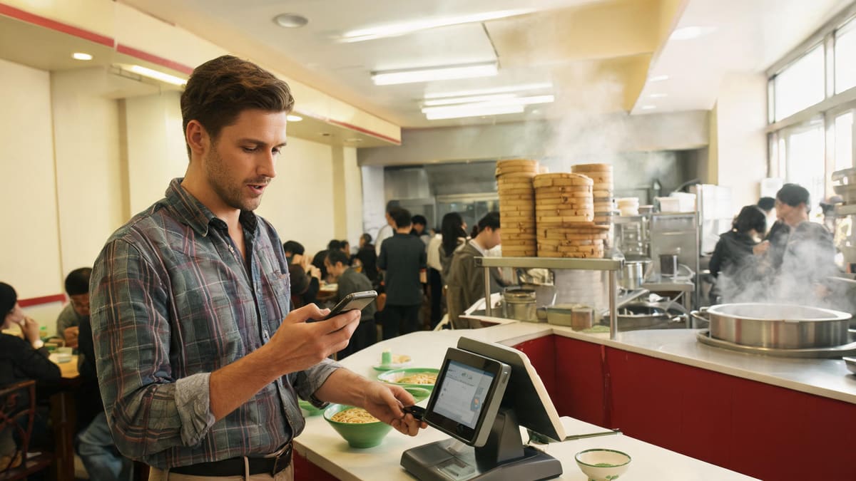 A foreign customer paying by scanning a QR code at the counter of a busy Shanghai noodle shop
