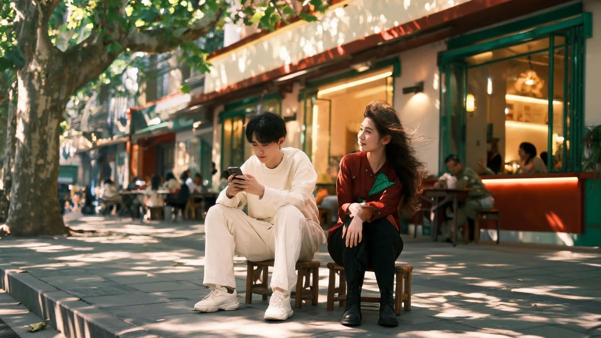A young couple waiting on stools outside a popular restaurant on a leafy Shanghai side street in the evening