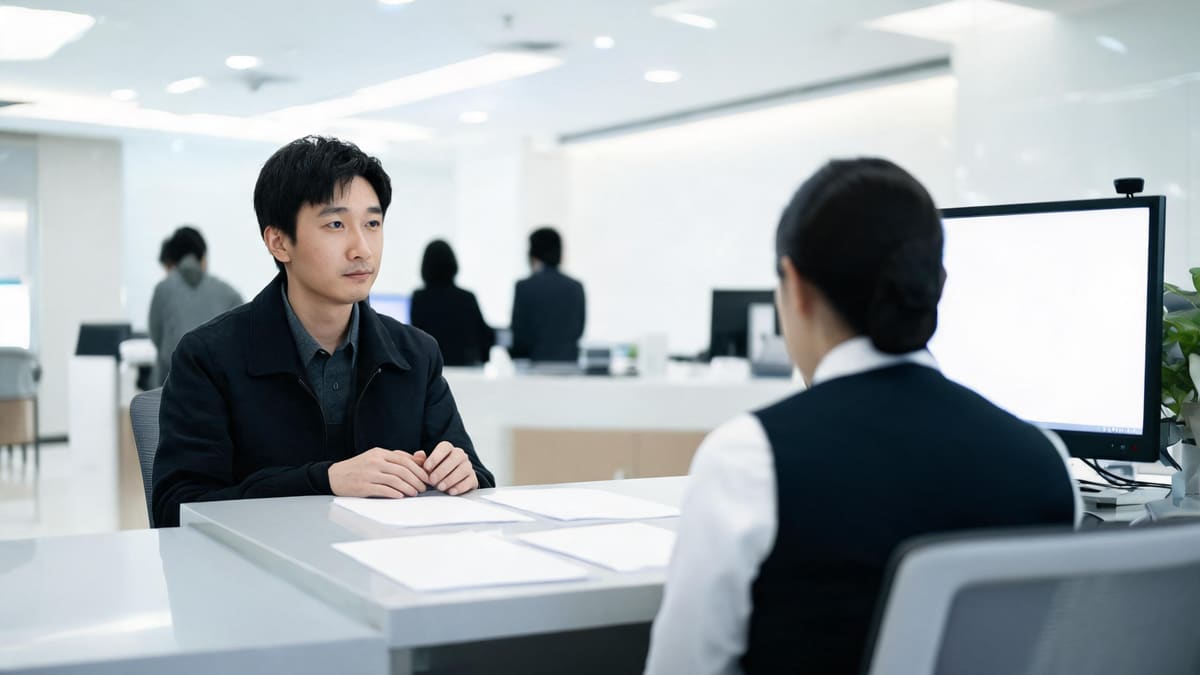 A customer discussing a credit card application with a clerk at a modern Shanghai bank branch