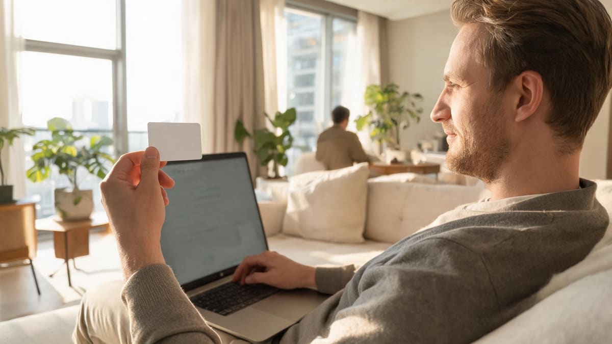 A man at home booking travel on a laptop while holding a bank card, in a bright Shanghai apartment