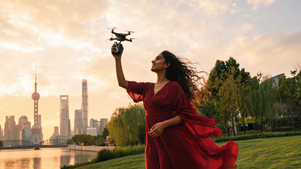 Flying a drone by the Shanghai skyline at golden hour