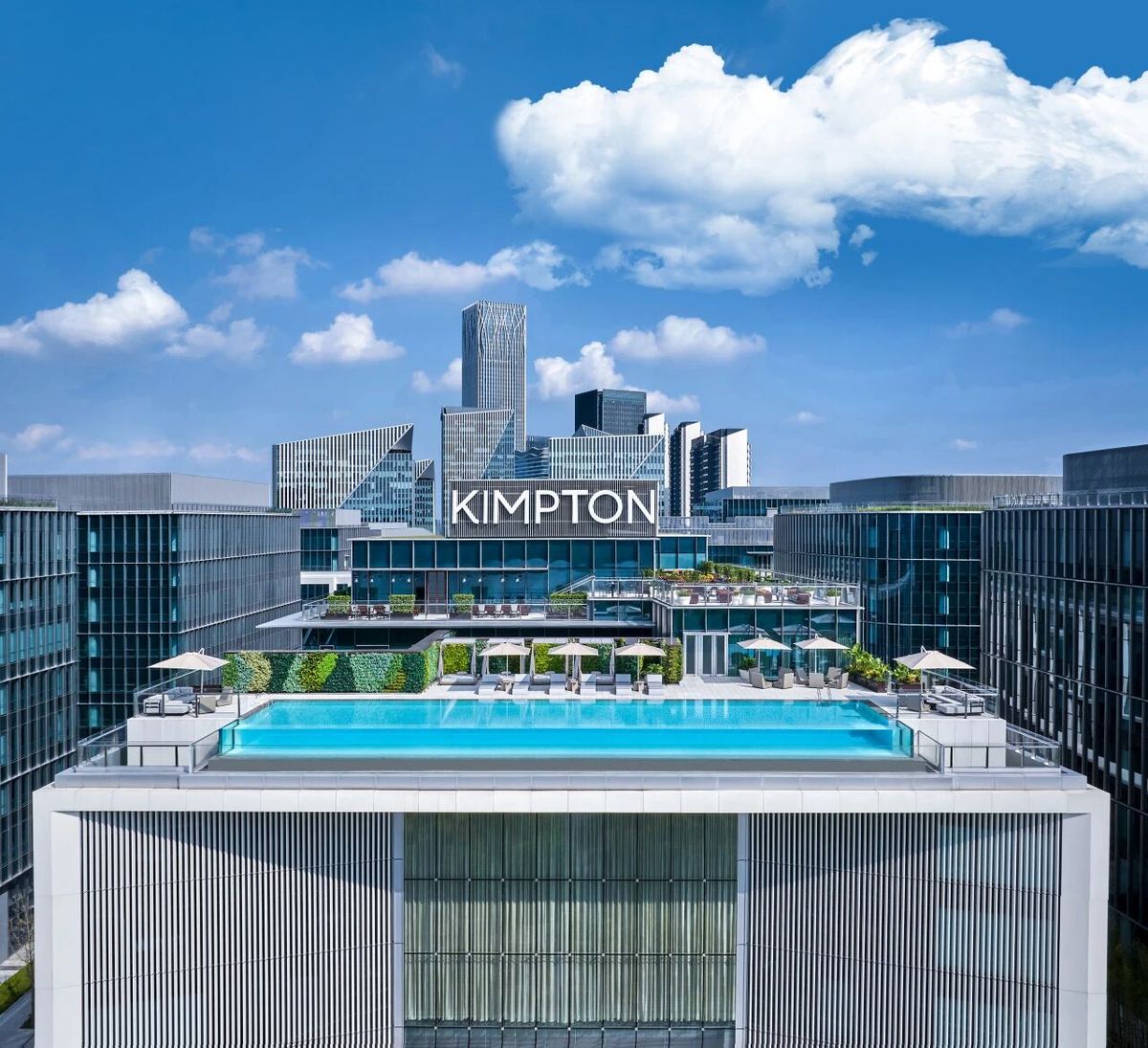 A design swimming pool at a Shanghai hotel on a summer afternoon