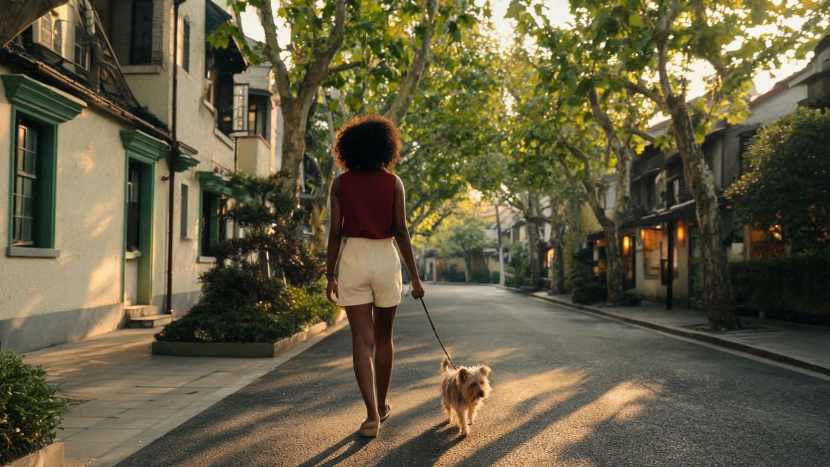 Walking a small dog along a leafy Shanghai side street at dusk