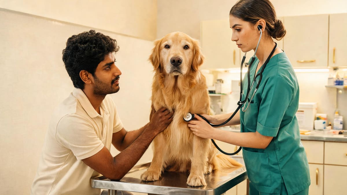 A dog being examined with a stethoscope on the table at a Shanghai vet clinic