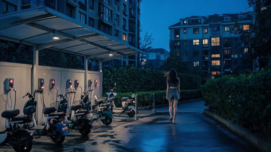 夜の上海の住宅小区で、屋外の管理充電ラックにつながれた電動スクーター
