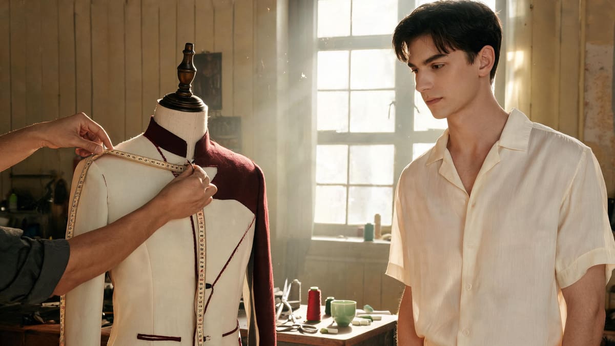 A tailor measuring a half-finished jacket on a dress form while a customer watches in a Shanghai workshop