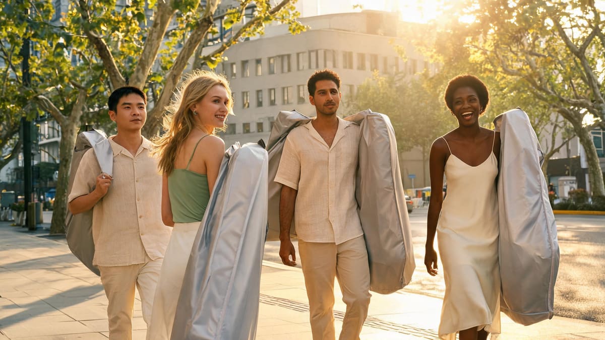 Friends walking down a Shanghai street carrying long garment bags in late afternoon light