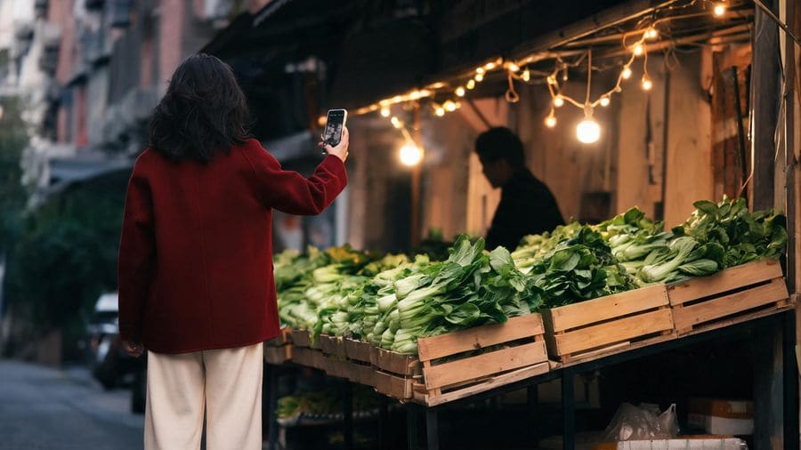 Paying by QR code at a Shanghai neighbourhood vegetable stall