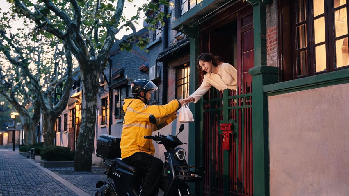 A food delivery rider handing takeout to a resident at a Shanghai lane-house gate in the evening