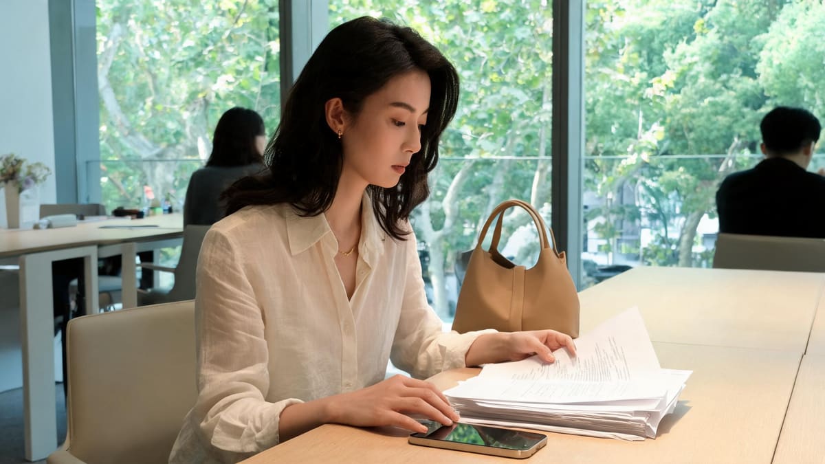 A freelancer reviewing invoice paperwork at a Shanghai co-working desk