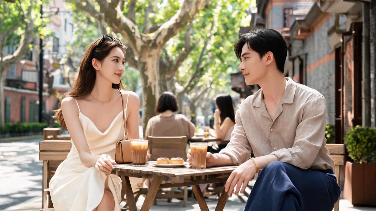 Two freelancers comparing notes over coffee at a Shanghai cafe