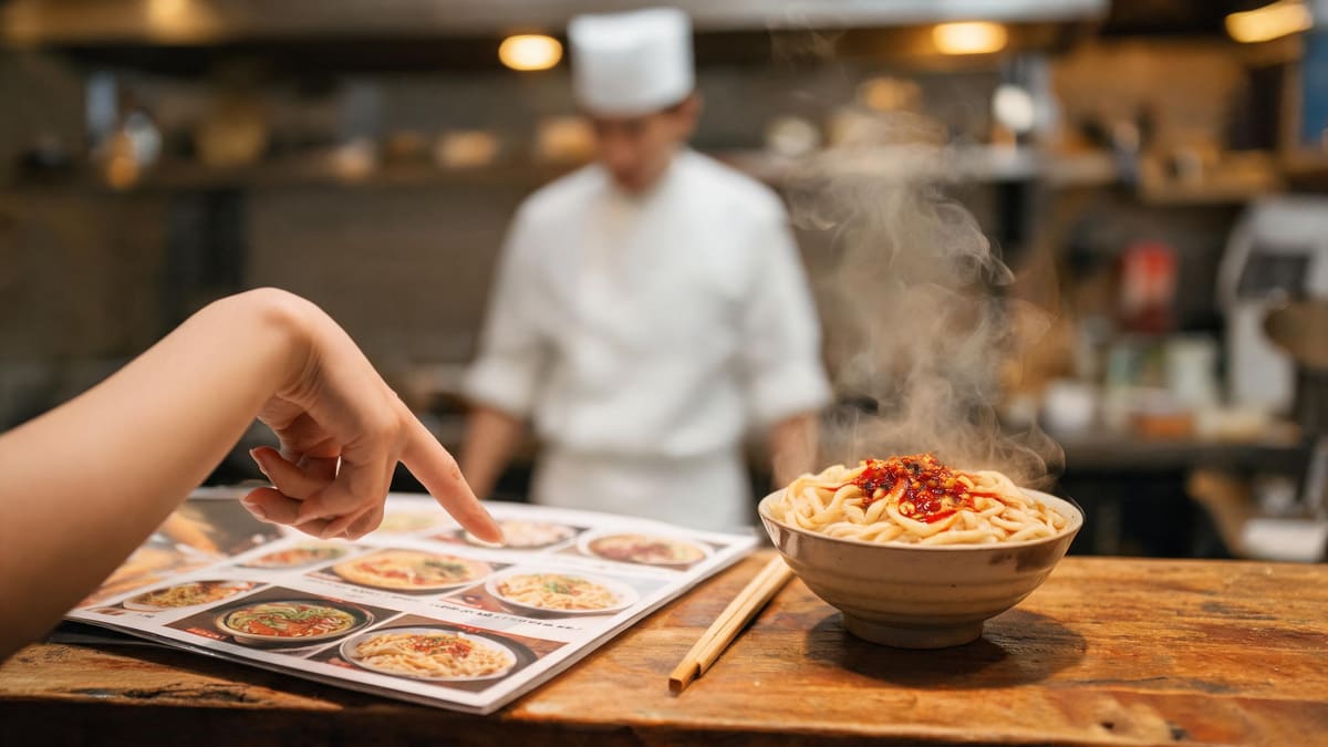 Close up of a hand pointing at a glossy picture menu at a casual Shanghai noodle stall, a 