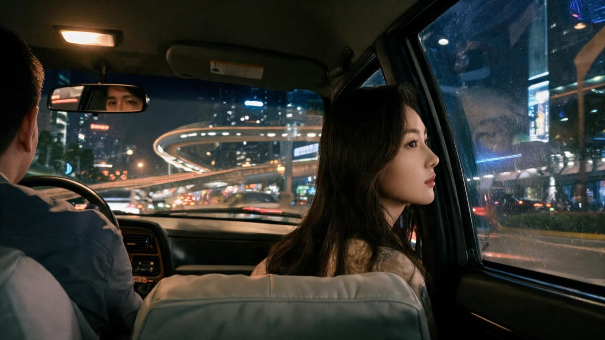 Night interior of a Shanghai taxi from the back seat, a young East Asian woman passenger l